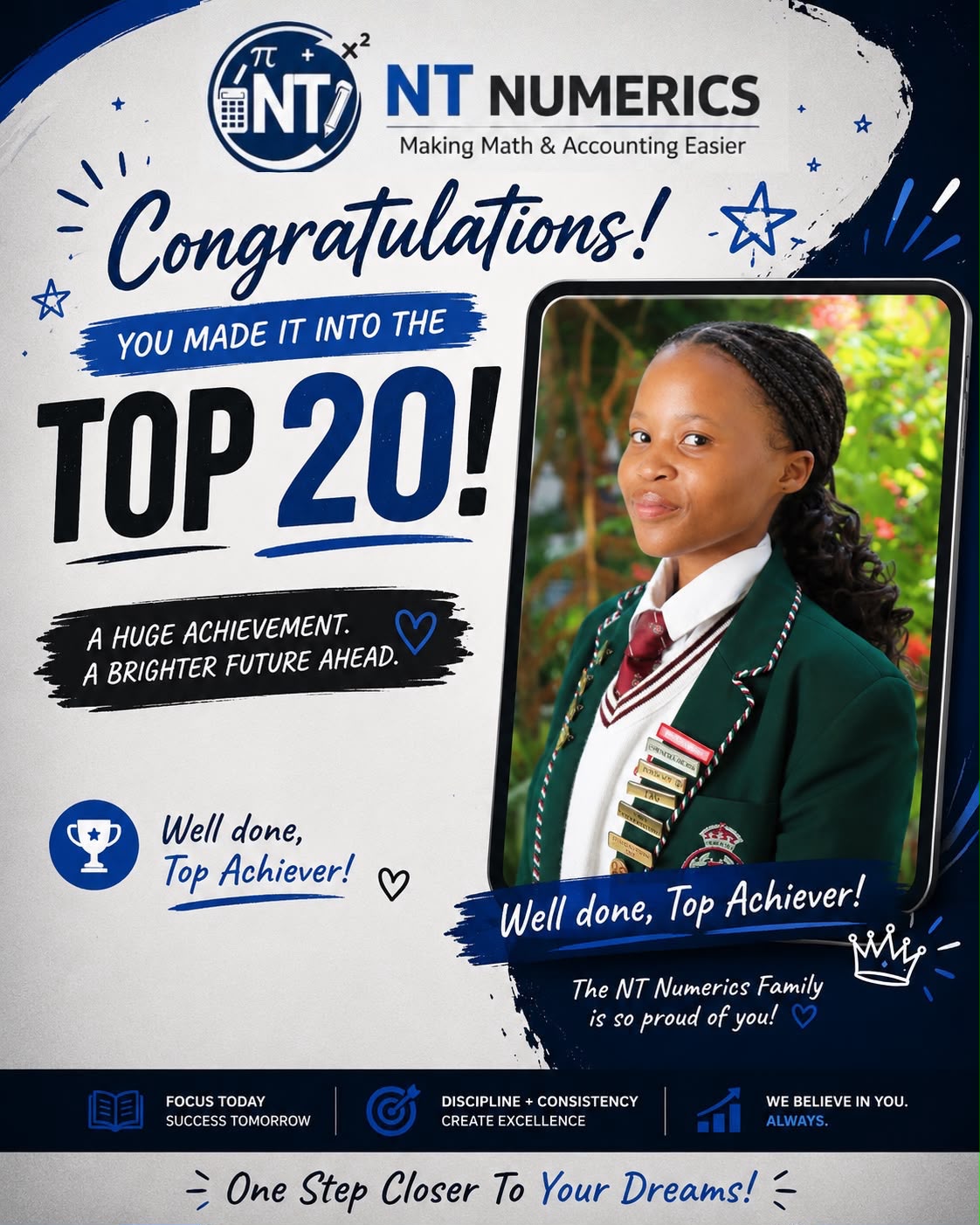 NT Numerics student achievement poster showing Top 20 in Term 2